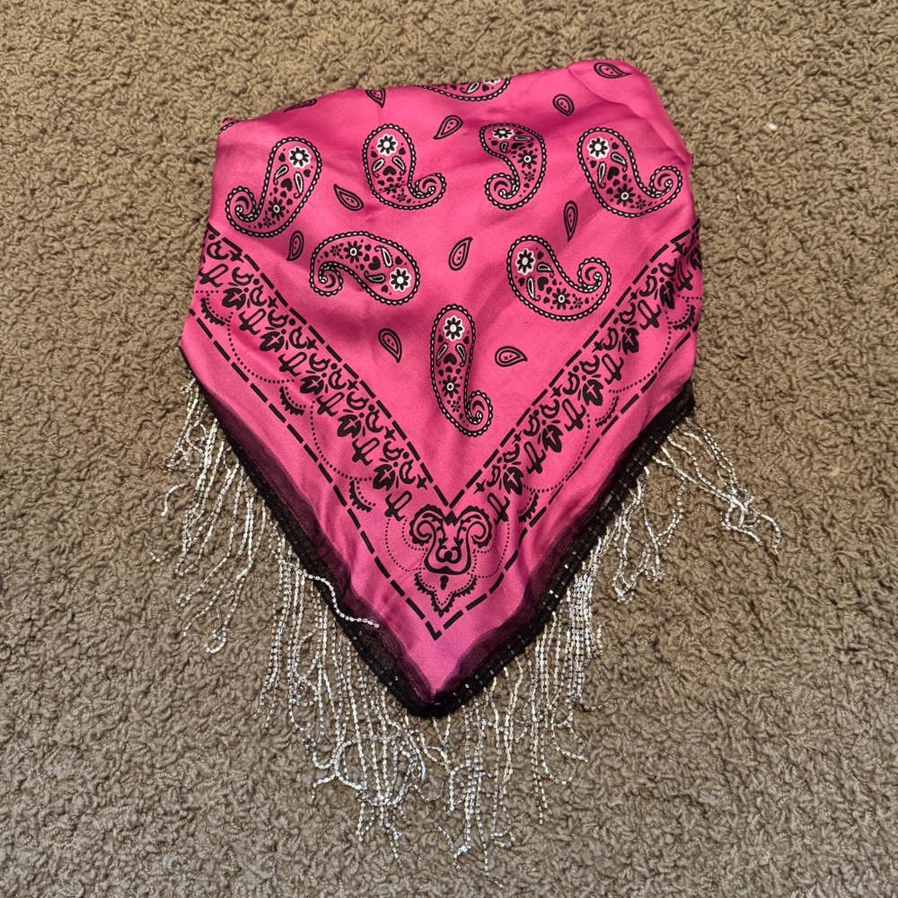 Pink silk bandana with rhinestone fringe